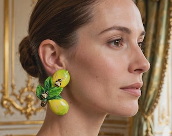 Sicilian Baroque  Pink Large Realistic Lemon Fruit Flower  Fancy Earrings