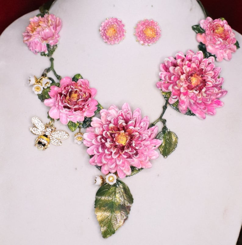 Set Of Fuchsia Hand Painted Vivid Asters Bee Lily Of The Valley Unique Necklace Earrings