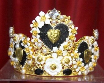 Set Of Baroque Rocooco Gold Filigree Black Heart Red Rose Crown Headband Bridal  +Earrings