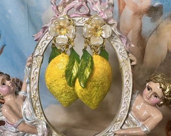Pendientes de lujo barrocos sicilianos, grandes, realistas, fruta de limón, flor, fruta