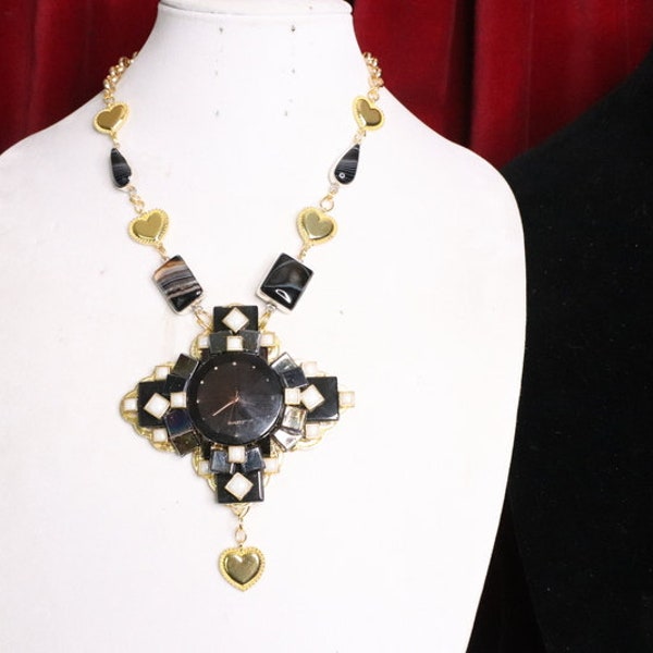 Véritable dentelle Agate Baroque Black Clock Insolite énorme Cross Collar Necklace