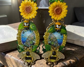 Sicilian Baroque  Taormina Bee Sunflower Cameo Lemon Fruit Flower  Fancy Earrings