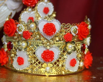 Set Of Baroque Rocooco Gold Filigree White Heart Red Rose Crown Headband Bridal  +Earrings