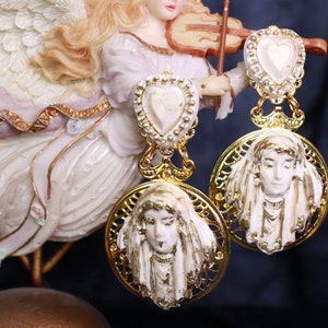 Art Nouveau Goddess Winged Hand Painted Elegant Tall Earrings
