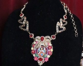 Madonna Virgin Mary Cameo Hand Painted Flowers Hearts  Bow Flowers Necklace