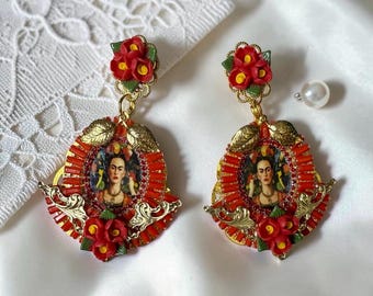 Frida Kahlo Red Flowers Evil Eye Cameo Studs Earrings
