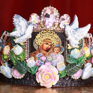 Madonna Virgin Mary Icon Cameos Doves Stunning Headband Crown