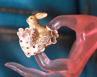 Baroque Enamel Bunny Rabbit Huge Adjustable Cocktail Ring
