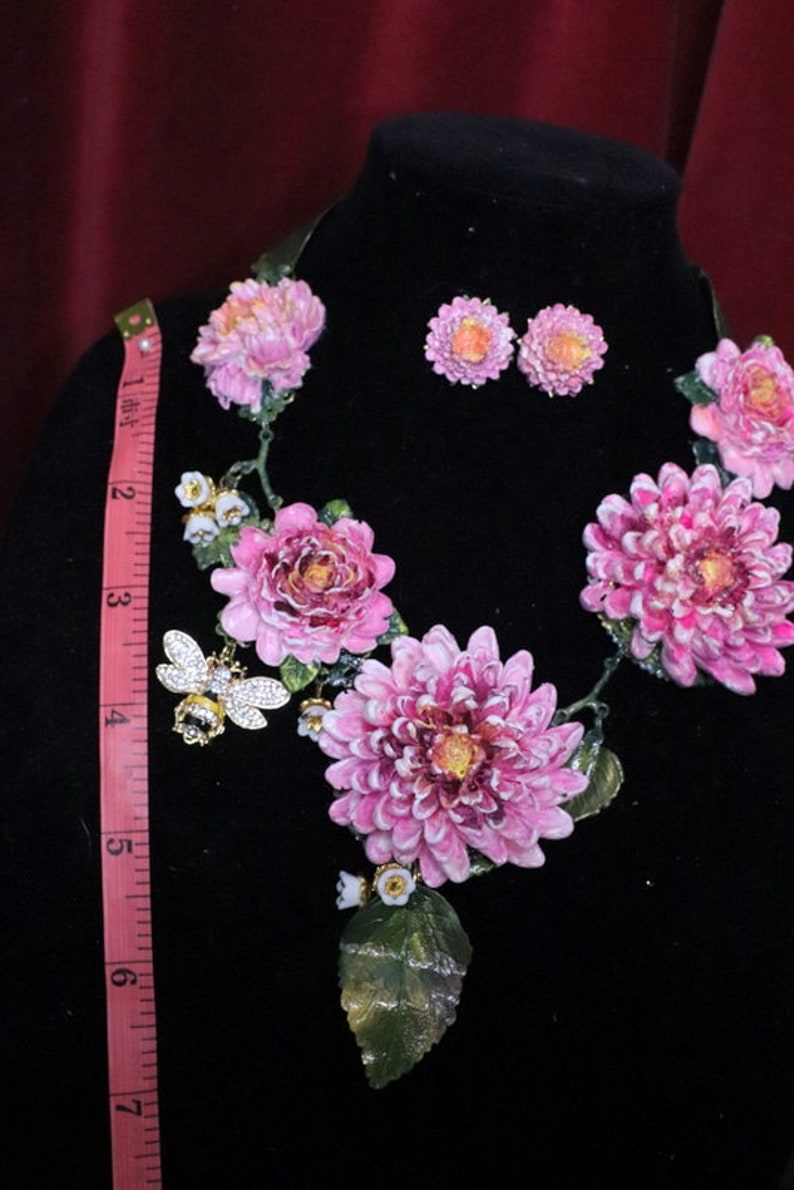 Set Of Fuchsia Hand Painted Vivid Asters Bee Lily Of The Valley Unique Necklace Earrings