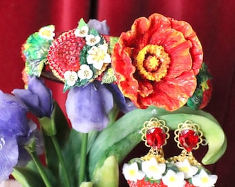 Sicilian Baroque  Strawberry Poppy Vivid Glitter Flower  Headband