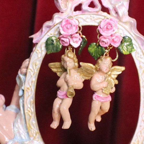 Hand Painted Pink Ribbon Baroque Musical Cherubs Angels Roses  Studs Earrings