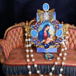 Madonna Virgin Mary Blue Aqua Rhinestone  Huge Brooch