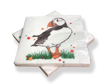 Charming Puffin napkins (pack of 20) triple ply. Great Christmas parties dinner Hogmanay food nibbles gatherings decoupage New ayear