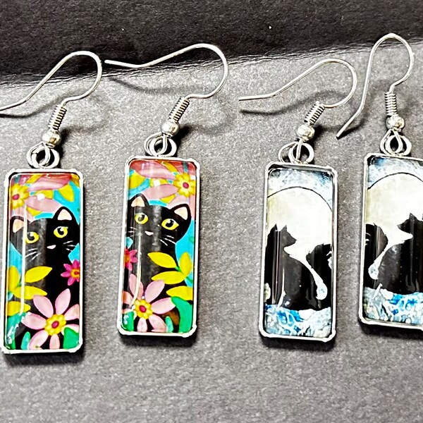 Dangly cat picture earring. Funky. Cat in flowers or cat in moonlight. Bohemian style