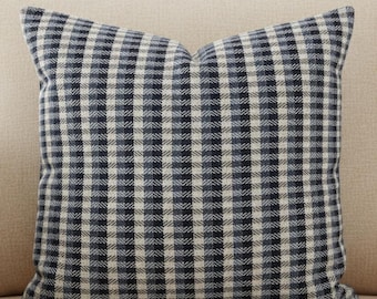 Navy Blue Gingham Pillow Cover Farmhouse Check Throw Pillow Blue Plaid Cushion Cover Rustic Cottage Pillow Neutral Blue Home Decor