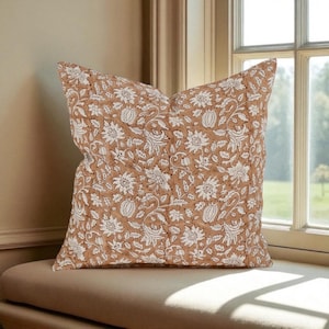 terracotta floral pillow cover boho block print throw pillow handmade decorative cushion for sofa bed or chair multiple sizes available
