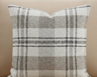 Neutral Plaid Pillow Cover Beige Gray Plaid Throw Pillow Farmhouse Cushion Cover Rustic Modern Couch Pillow Neutral Decor