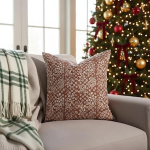Rust Floral Pillow Cover, Beige Brown Block Print, Boho Style