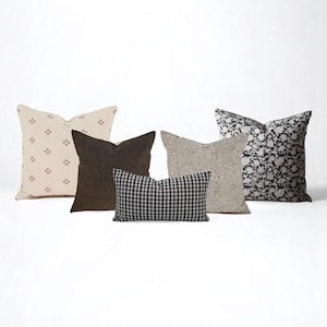 neutral pillow combo set of 5 decorative throw pillow covers in black cream and taupe mix of block print floral gingham and solid cushions