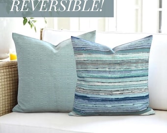 Funda de almohada reversible azul, cojín decorativo costero, funda de almohada a rayas azul aguamarina, funda de cojín para casa de playa, almohada decorativa costera