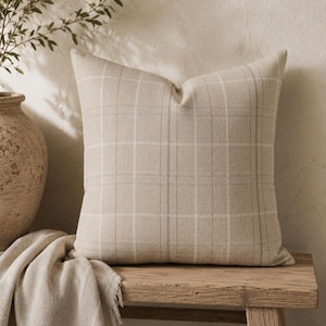 Oatmeal Grey Plaid Pillow Cover | Woven Check Throw Pillow | Neutral Modern Farmhouse Decor | Durable Performance Fabric Cushion Cover