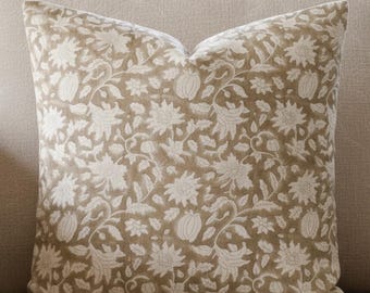 Beige Floral Throw Pillow Cover Neutral Block Print Pillow Tan Cream Accent Cushion Organic Modern Farmhouse Decor