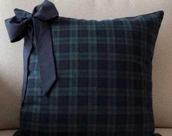 Plaid Pillow Cover with Bow Green Navy Plaid Throw Pillow Cabin Pillow Lakehouse Pillow Tartan Cushion Ralph Lauren Style Decor