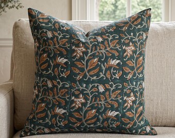 Dark Green Floral Pillow Cover, Vintage Botanical Throw Pillow, English Country Cottage Decor, Moody Green Floral Cushion Cover