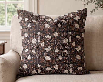 Black Floral Pillow Cover, Moody Floral Throw Pillow, Brown Botanical Cushion Cover, English Cottage Pillow, Vintage Traditional Home Decor