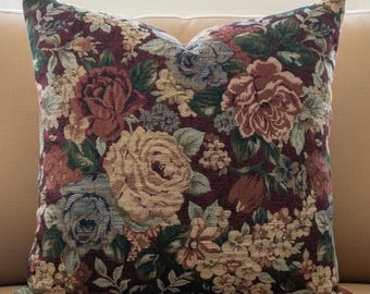 Burgundy Floral Pillow Cover Vintage Rose Throw Pillow Cottage Floral Lumbar Pillow Cover Farmhouse Floral Cushion Vintage Tapestry Style
