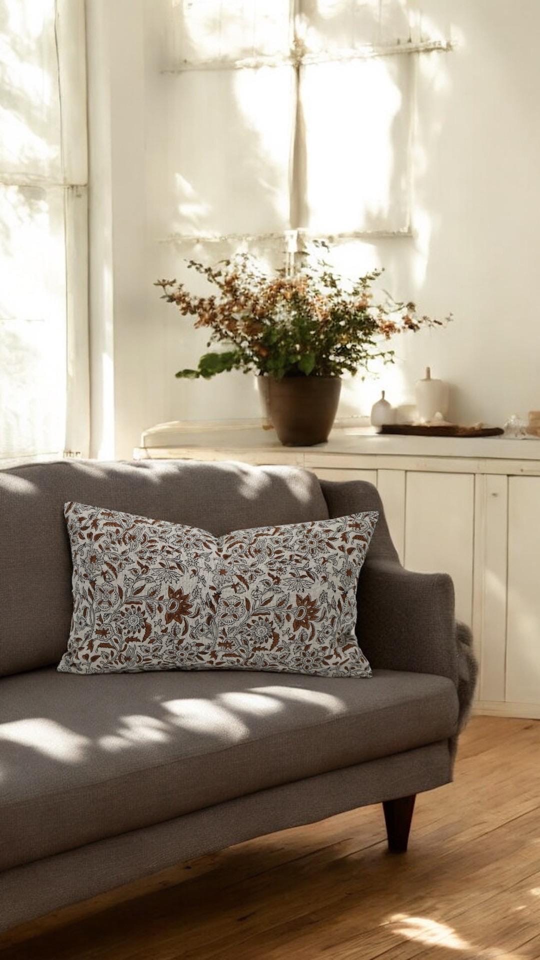 Amtb Federa Per Cuscino In Lino Spesso Con Stampa Floreale Boho - Fatto A Mano Con Cerniera - 55,8 Cm - 3
