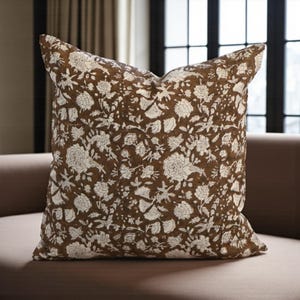 Brown Floral Linen Pillow Cover Block Printed Farmhouse Throw Pillow Cottagecore Sofa Cushion Handmade Accent for Living Room or Bedroom