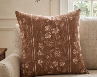 Rust Brown Floral Pillow Cover | Vintage Floral Throw Pillow | English Country Cottage Decor | Fall Pillow Cover | Botanical Cushion Cover