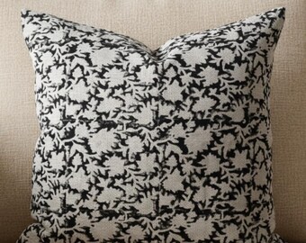 Black and cream floral throw pillow cover block print style neutral patterned pillow cover modern farmhouse cushion cover