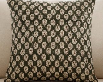 Brown Floral Block Print Pillow Cover Neutral Botanical Throw Pillow Handmade Block Print Cushion Farmhouse Traditional Decor