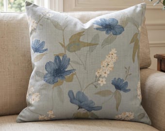 Blue Floral Pillow Cover | Botanical Throw Pillow | Soft Blue Floral Cushion Cover | English Cottage Decor | Traditional Floral Pillow