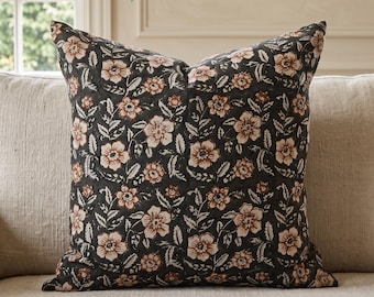 Dark Brown Floral Pillow Cover, Vintage Botanical Throw Pillow, Block Print Cushion Cover, English Cottage Decor, Moody Fall Accent Pillow