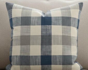Blue Plaid Pillow Cover Neutral Blue and Cream Check Throw Pillow Farmhouse Plaid Cushion Cottage Style Pillow Square or Lumbar