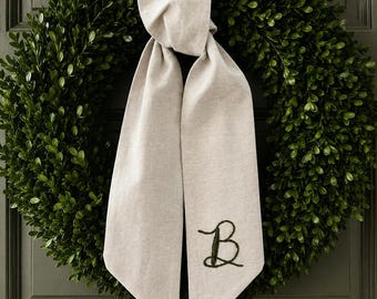 Personalized Wreath Sash, Hand Embroidered Linen Wreath Ribbon, Monogram Front Door Decor, Housewarming Gift, Wedding Wreath Accent