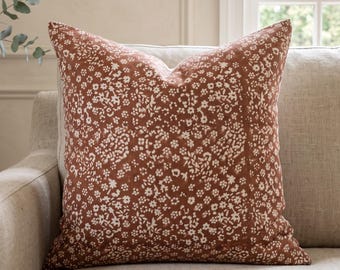 Rust Brown Floral Pillow Cover, Small Floral Throw Pillow, Cream Floral Cushion Cover, English Cottage Decor, Vintage Fall Pillow