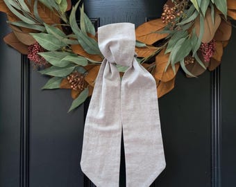 Neutral Wreath Sash, Linen Wreath Ribbon, Natural Front Door Decor, English Country Cottage Wreath Accent, Farmhouse Door Decor