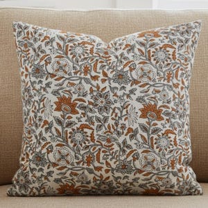 Rust floral throw pillow cover neutral gray and rust botanical pillow cover vintage inspired farmhouse cushion cover