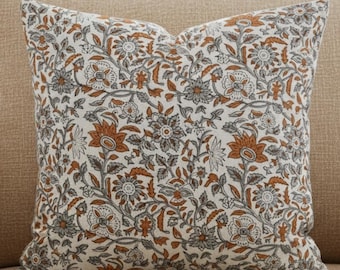 Rust floral throw pillow cover neutral gray and rust botanical pillow cover vintage inspired farmhouse cushion cover