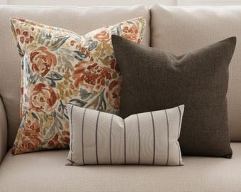 Rust Floral Pillow Cover Set Neutral Pillow Combo Farmhouse Pillow Trio Terracotta Floral Pillow Set of 3 Throw Pillow Covers