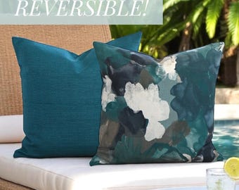 Reversible Teal Outdoor Pillow Cover, Teal Floral Throw Pillow, Coastal Patio Cushion Cover, Tropical Porch Decor, Performance Pillow