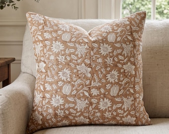 Terracotta Floral Pillow Cover, Fall Botanical Throw Pillow, Autumn Accent Cushion, English Country Cottage Pillow, Vintage Floral Decor