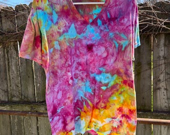 tie dye t-shirt, rainbow ice dyed, adult large v neck