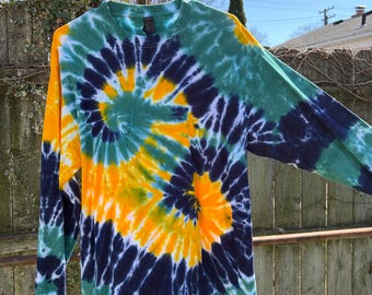 tie dye t-shirt, long sleeve crew neck, size large, blues, greens, yellow
