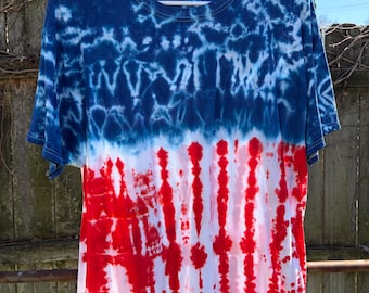 tie dye t-shirt, unisex fit crew neck, red and blue, flag design