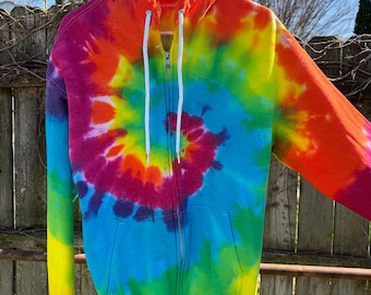 tie dye t-shirt, long sleeve hooded zip up, size large, rainbow